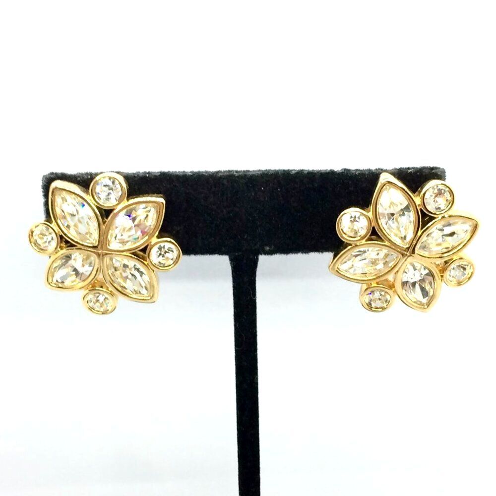Vintage Swarovski Earrings S.A.L. Flower Crystal Gold Rhinestone Pierced